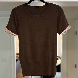 Armand Basi Brown Short Sleeve Knit Top w/ Pink Silk Sleeve/Shoulder Detail - M